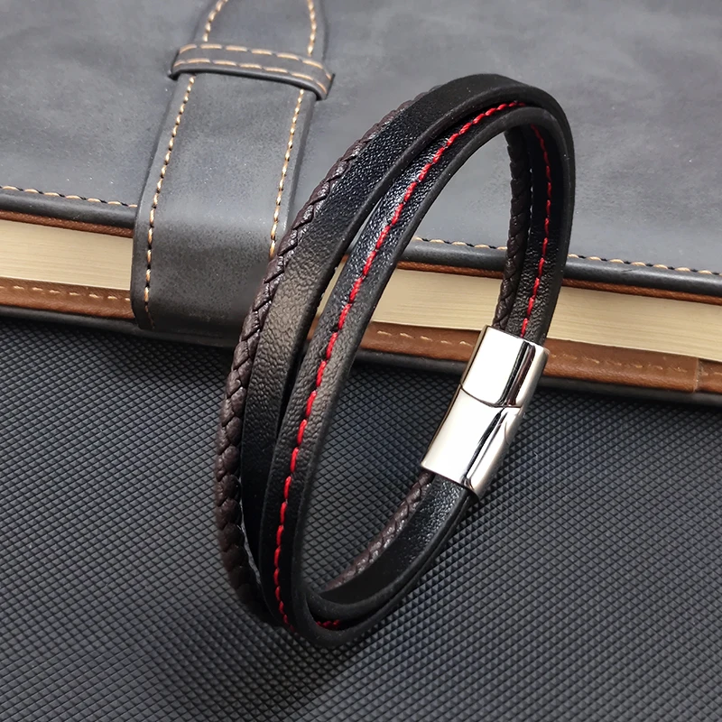 New Braided Leather Men Bracelet Classic Sew The Red Line Magnetic Buckle Multi-layer Leather Bracelet for Men Jewelry Gift
New Braided Leather Men Bracelet Classic Sew The Red Line Magnetic Buckle Multi-layer Leather Bracelet for Men Jewelry Gift