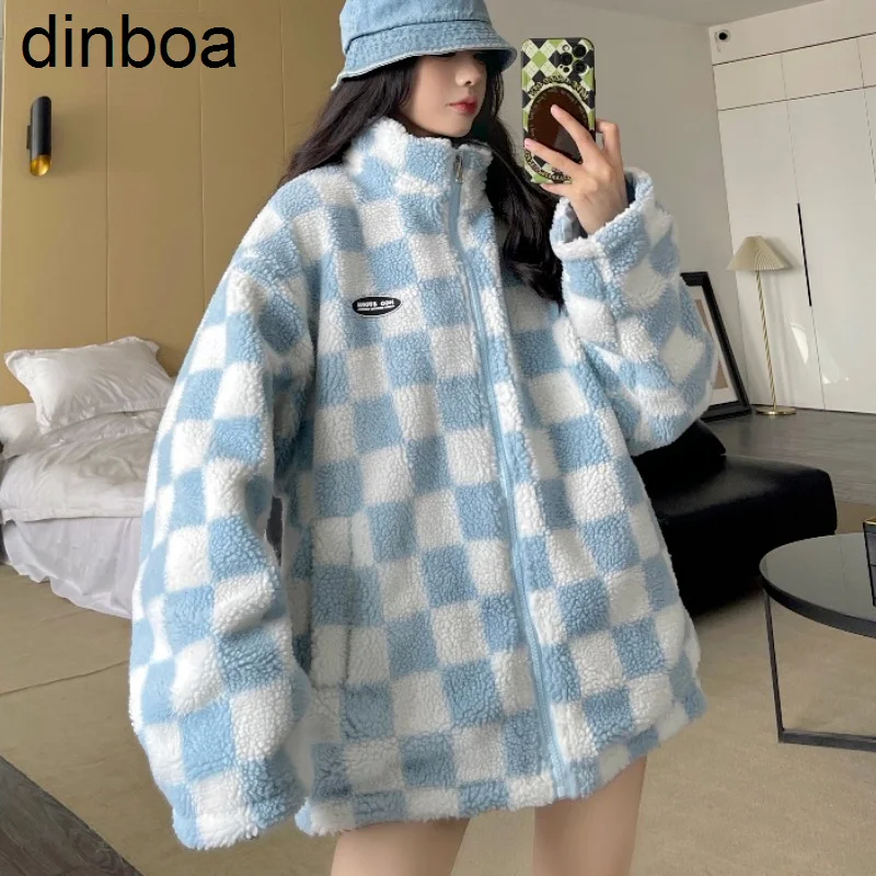 Autumn Winter Thicken Warm Checkerboard Plaid Lamb Wool Jackets Wear on Both Sides Coats Female Harajuku Stand Collar Outerwear
Autumn Winter Thicken Warm Checkerboard Plaid Lamb Wool Jackets Wear on Both Sides Coats Female Harajuku Stand Collar Outerwear