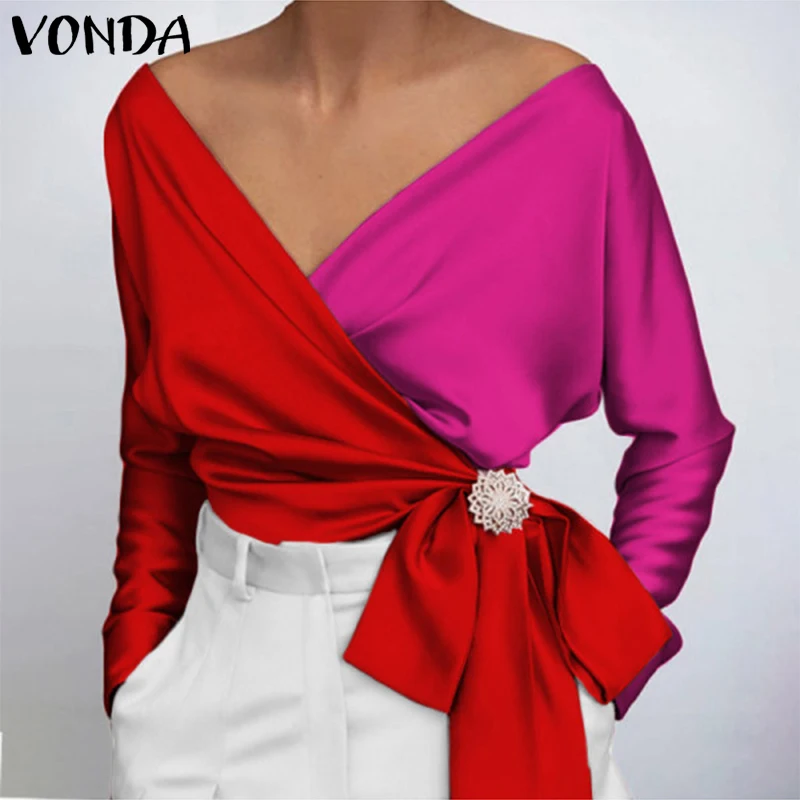 VONDA Женская Весенняя атласная рубашка с длинным рукавом Блузка с поясом с V-образным вырезом сексуальные топы винтажные лоскутные блузки же... 
VONDA Женская Весенняя атласная рубашка с длинным рукавом Блузка с поясом с V-образным вырезом сексуальные топы винтажные лоскутные блузки же...