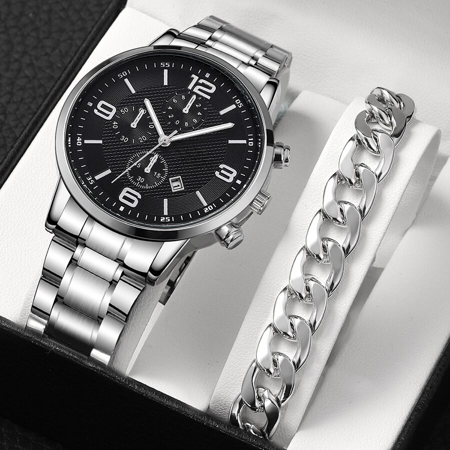2pcs Silver Quartz Watch With Stainless Steel Bracelet For Men Business Fashion Round Calendar Watch Set men watches
2pcs Silver Quartz Watch With Stainless Steel Bracelet For Men Business Fashion Round Calendar Watch Set men watches