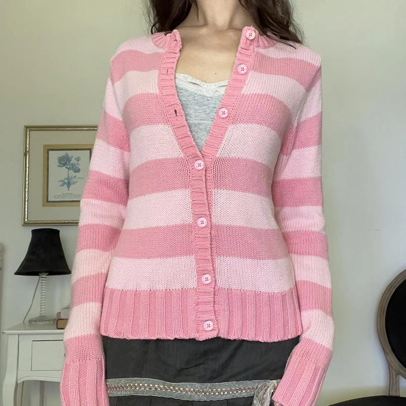 

Cute Pink Knit Cardigan Y2k Fairycore Grunge Long Sleeve Stripe Crochet Sweater Korean Kawaii Women Preppy Fall Winter Jumpers