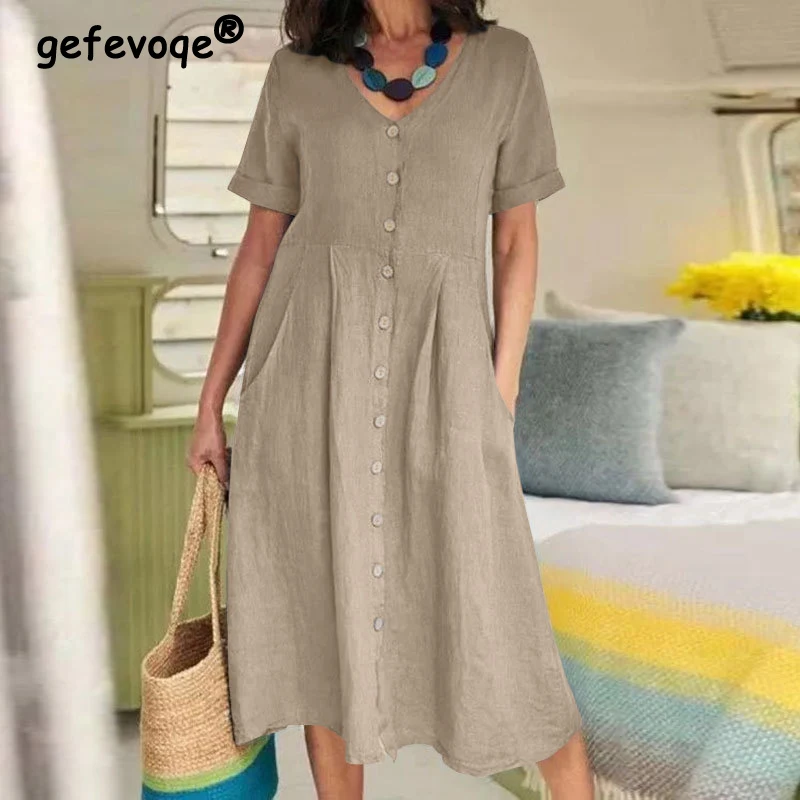 New Solid Cotton Linen Dress 2023 Summer New Fashion Vintage Single breasted Loose Relaxed Sexy V-neck Tank Top
New Solid Cotton Linen Dress 2023 Summer New Fashion Vintage Single breasted Loose Relaxed Sexy V-neck Tank Top
