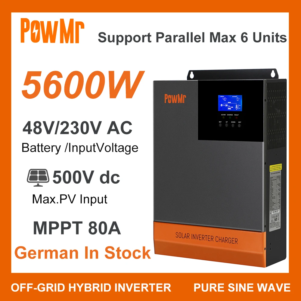 Солнечный инвертор 5600 Вт 48 в пост. Тока в перем. Тока с MPPT 80A, солнечное зарядное устройство, макс. PV в пост. Тока, подходит для параллельной системы солнечных панелей до 6 единиц
Солнечный инвертор 5600 Вт 48 в пост. Тока в перем. Тока с MPPT 80A, солнечное зарядное устройство, макс. PV в пост. Тока, подходит для параллельной системы солнечных панелей до 6 единиц