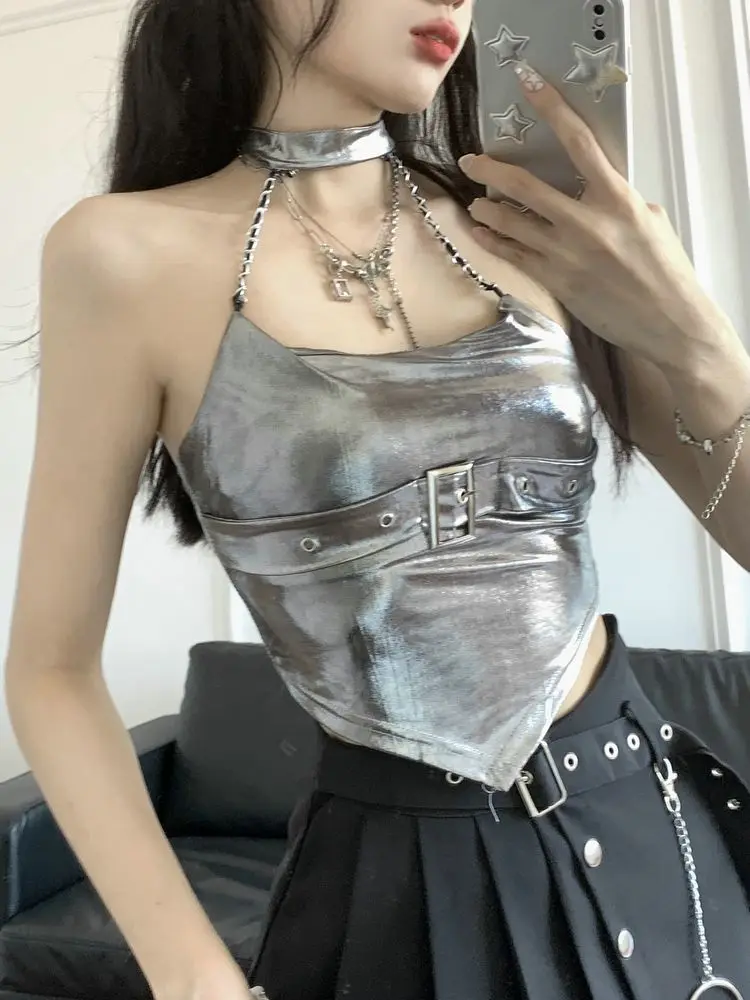 Silver Neck Strap Tank Top Open Back Sleeveless Hottie Short Top+Irregular Pleated Mini Skirt Two Piece Sets Womens Outifits 
Silver Neck Strap Tank Top Open Back Sleeveless Hottie Short Top+Irregular Pleated Mini Skirt Two Piece Sets Womens Outifits