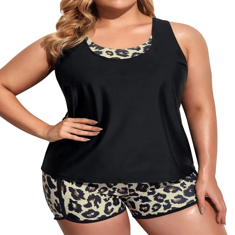

HMCN Womens Plus Size 3 Pieces Swimsuits Cropped Tankini Bathing Suits with Cover-up Printed Athletic Swimwear