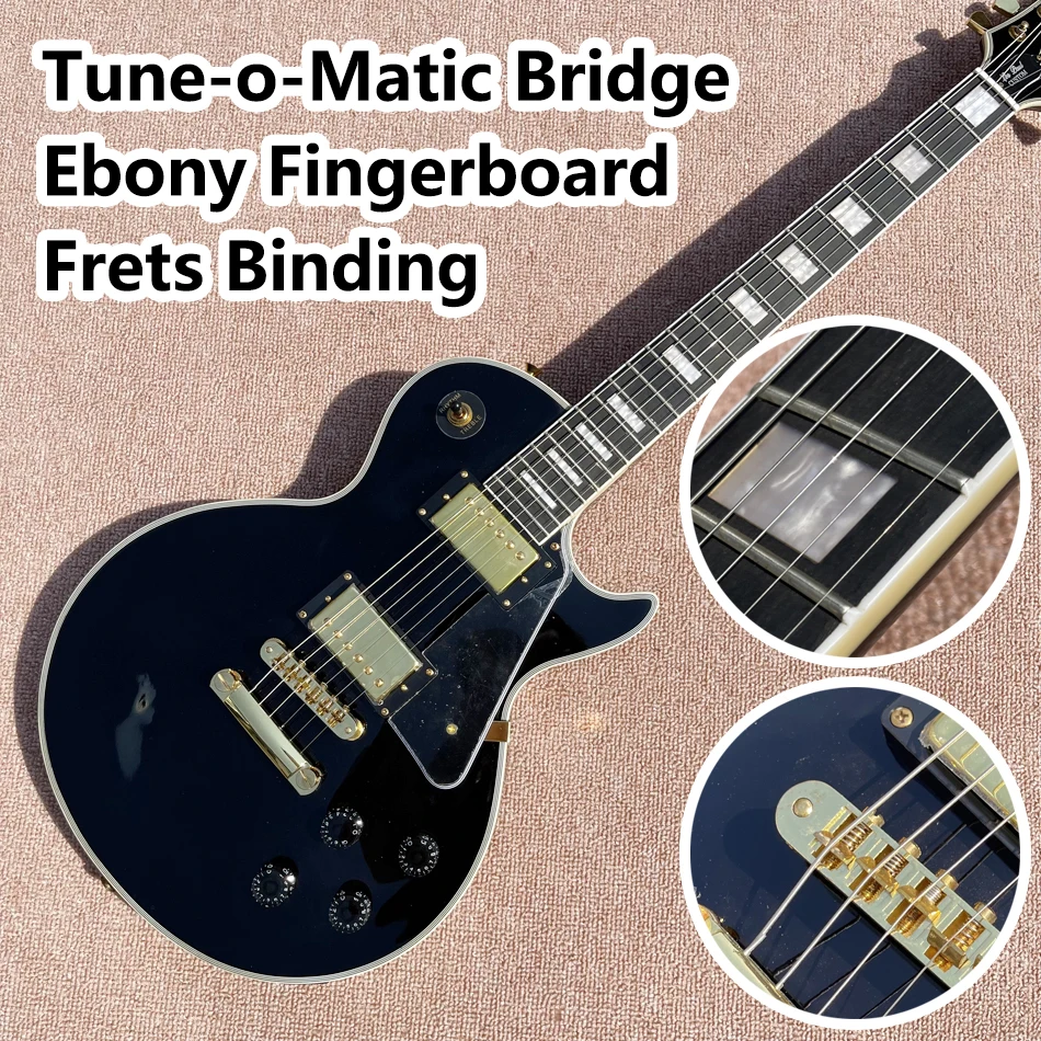

Custom LP Electric Guitar, Ebony Fingerboard, Gold Hardware, Tune-o-Matic Bridge, Frets Binding, Black Colour, Free Shipping