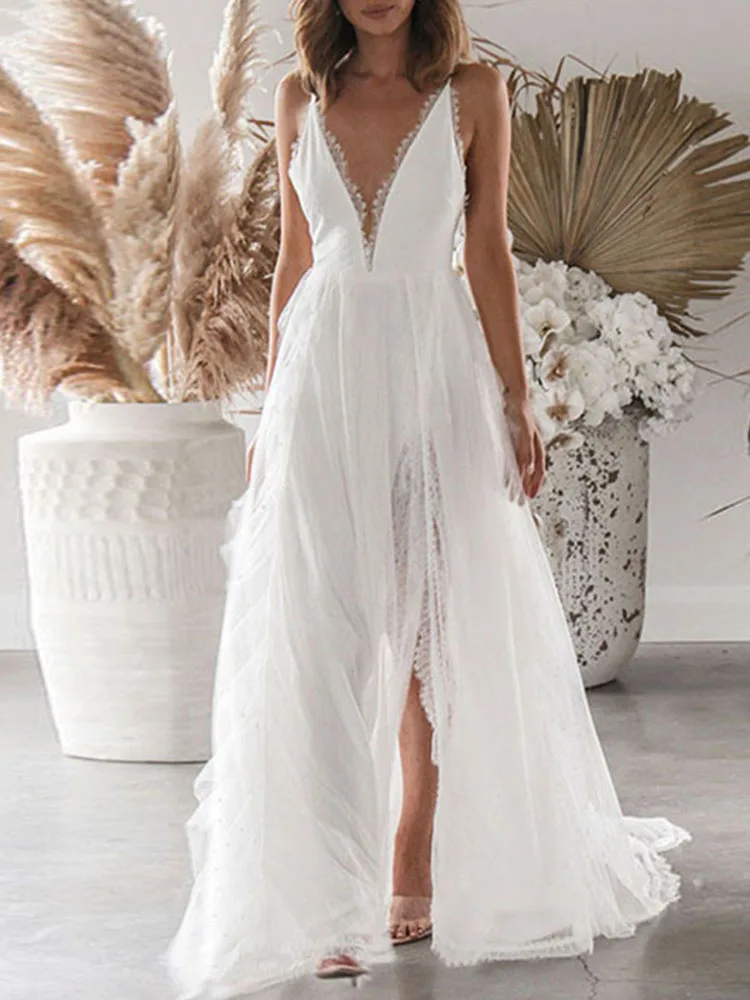 

Женское свадебное платье-комбинация макси, летнее привлекательное белое банкетное платье подружки невесты с разрезом, V-образным вырезом и открытой спиной, кружевное женское длинное элегантное вечернее платье