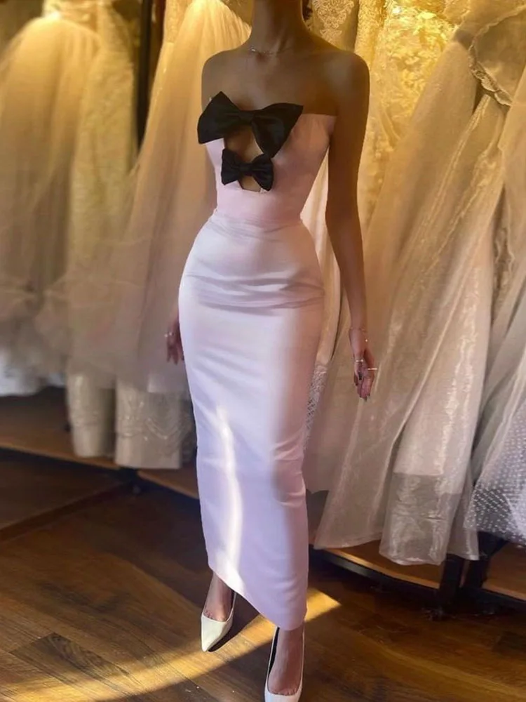 

Elegant High Quality New Women Bowtie Pink Sexy Hollow Strapless Long Bandage Wedding Birthday Evening Cocktail Party Dresses