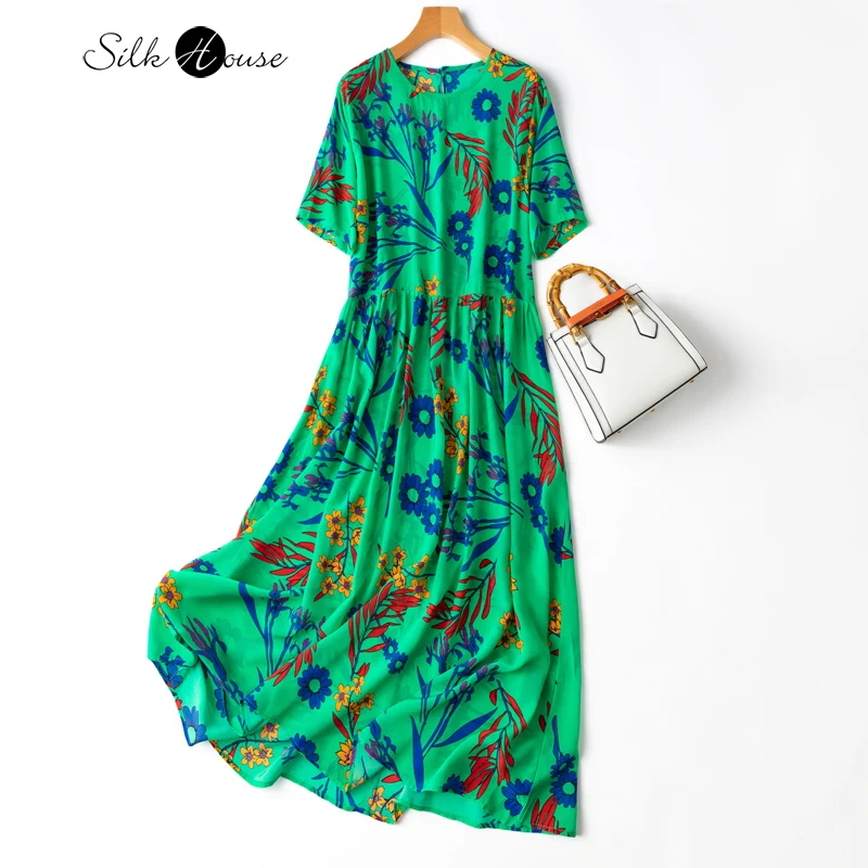 Holiday Style Bright Green Printed Silk Crepe De Chine Lengthened Short Sleeve 100% Natural Mulberry Silk Casual Dress
Holiday Style Bright Green Printed Silk Crepe De Chine Lengthened Short Sleeve 100% Natural Mulberry Silk Casual Dress