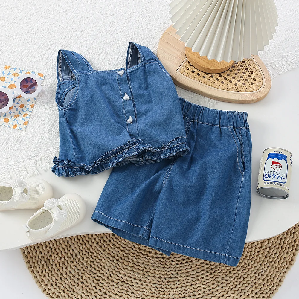 2023 Summer Girls' Clothing Sets Korean Denim Suspender Jacket Top+Wide Leg Shorts 2Pcs Casual Kids Clothes
2023 Summer Girls' Clothing Sets Korean Denim Suspender Jacket Top+Wide Leg Shorts 2Pcs Casual Kids Clothes