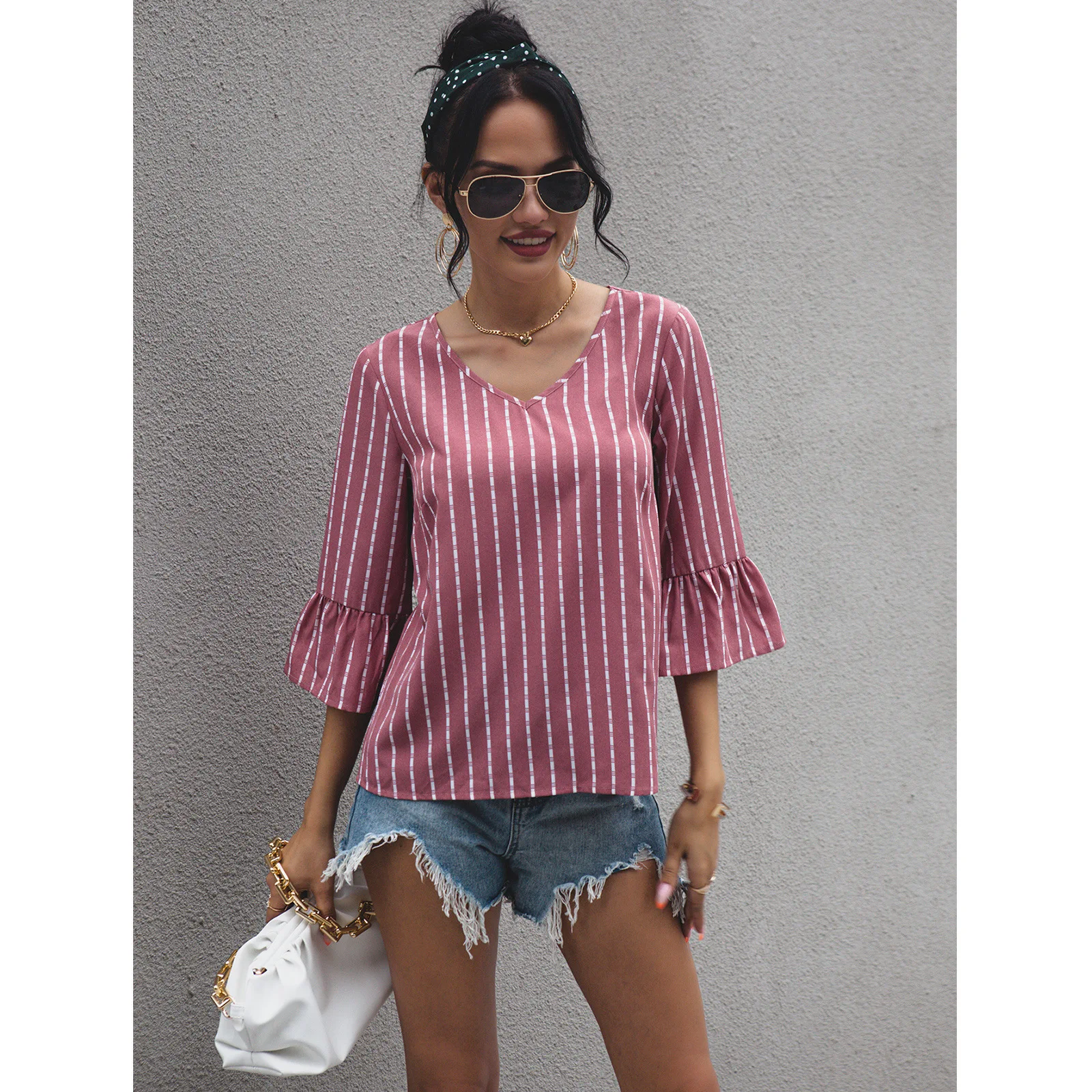 Spring Summer T-shirt Fashion Tops Women O-neck Striped T-shirt Striped Round Neck Vertical Striped Petal Sleeve Top Pullover 
Spring Summer T-shirt Fashion Tops Women O-neck Striped T-shirt Striped Round Neck Vertical Striped Petal Sleeve Top Pullover