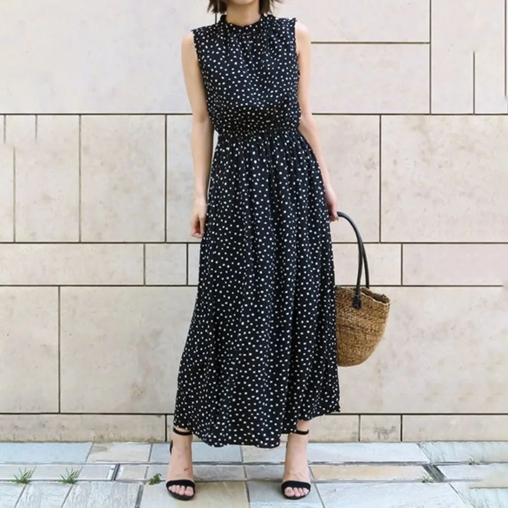 Polka Dot Print Black Dress Elegant Summer Sleeveless Casual Office Lady Work Wear One Piece High Waist Women Maxi Long Dresses
Polka Dot Print Black Dress Elegant Summer Sleeveless Casual Office Lady Work Wear One Piece High Waist Women Maxi Long Dresses