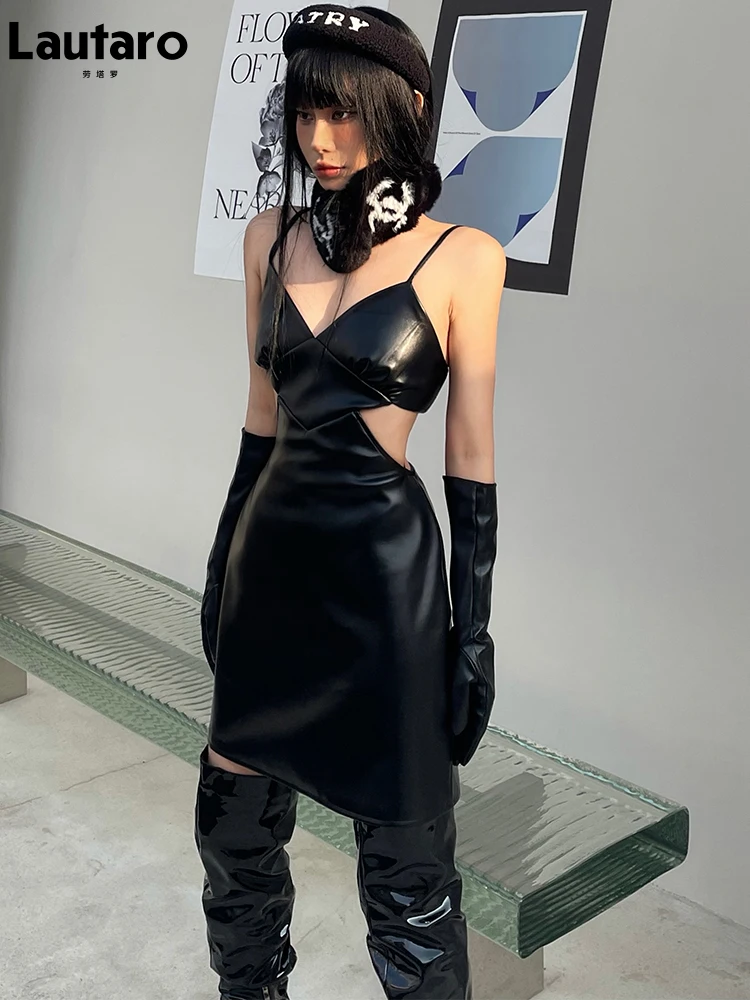 Lautaro Summer Sexy Spaghetti Strap Mini Dress Women Runway Fashion Black Soft Faux Leather Backless Dresses for Women 2022
Lautaro Summer Sexy Spaghetti Strap Mini Dress Women Runway Fashion Black Soft Faux Leather Backless Dresses for Women 2022