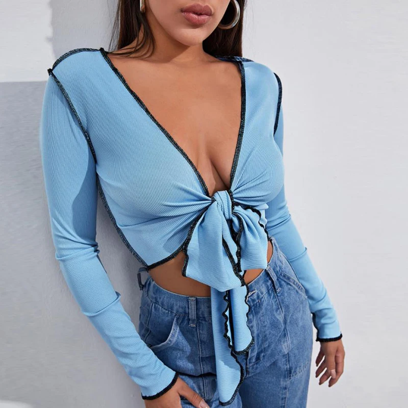 New Women Front Tie Bowknot Crop Tops 2022 Fashion Ladies Sexy V-neck Long Sleeve Short Shirts Blue Knitted Blouses Fall Tees XL
New Women Front Tie Bowknot Crop Tops 2022 Fashion Ladies Sexy V-neck Long Sleeve Short Shirts Blue Knitted Blouses Fall Tees XL