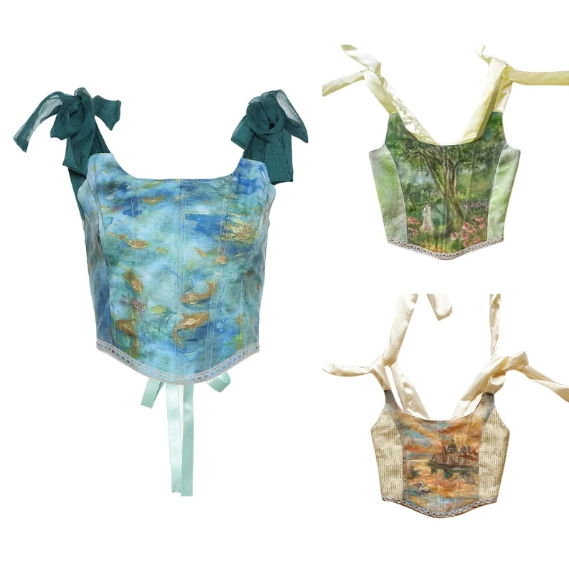 Women Tie-Up Ribbon Corset Crop Top Sexy Backless Lace-Up Slim Bustier Camisole Retro Oil Painting Boned Tank Top Vest
Women Tie-Up Ribbon Corset Crop Top Sexy Backless Lace-Up Slim Bustier Camisole Retro Oil Painting Boned Tank Top Vest