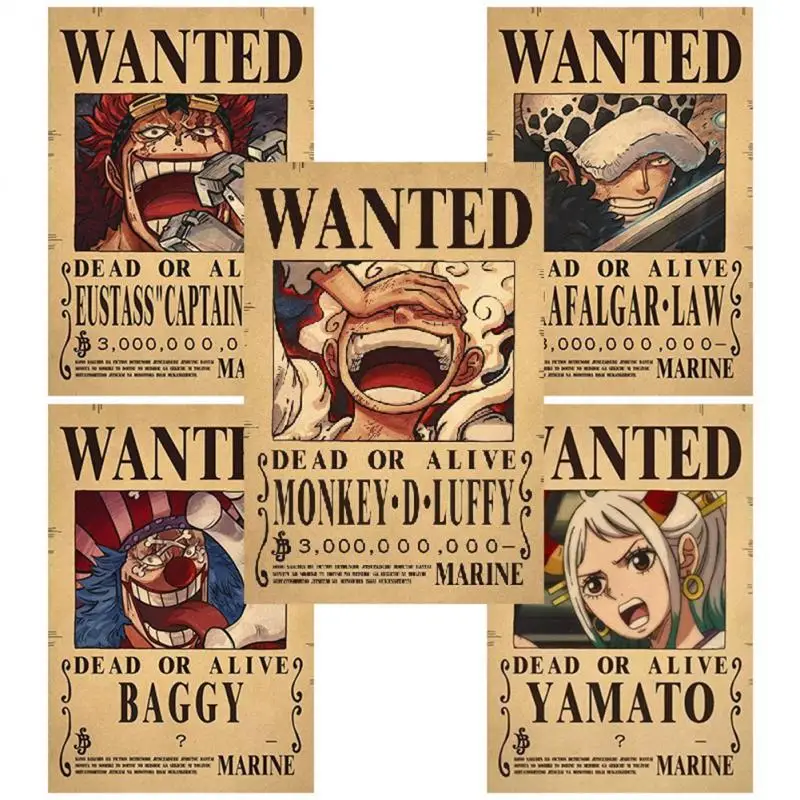 

New Anime One Piece Luffy 3 Billion Bounty Wanted Posters Four Emperors Kid Action Figures Vintage Wall Decoration Poster Toys