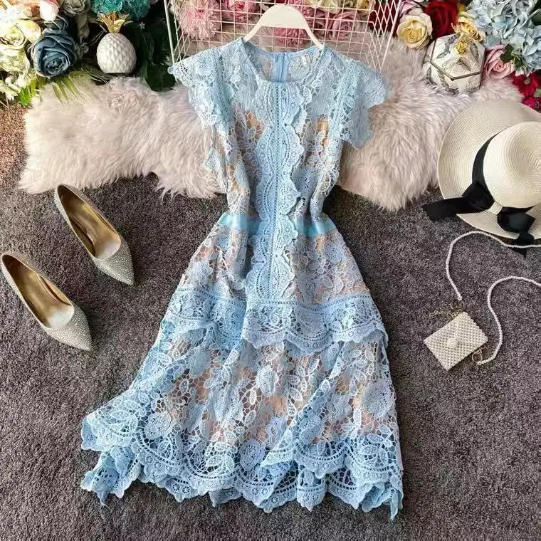 Fashion Designer Sleeveless Ruffles Summer Women O-Neck Butterfly Sleeve High Waist Lace Female Hollow Out Layer Cake Dress
Fashion Designer Sleeveless Ruffles Summer Women O-Neck Butterfly Sleeve High Waist Lace Female Hollow Out Layer Cake Dress