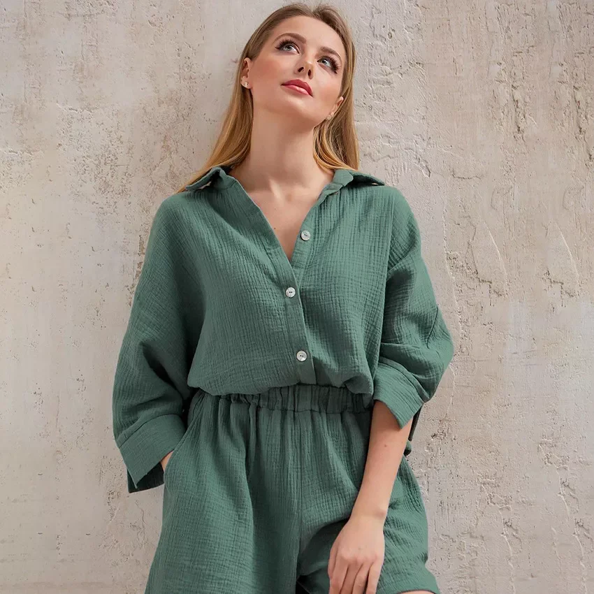 Casual Women Pajamas Sets 100% Cotton Turn-Down Collar Button Shirts +Shorts Sleepwear Suit Female Two Piece Sets Loungewear
Casual Women Pajamas Sets 100% Cotton Turn-Down Collar Button Shirts +Shorts Sleepwear Suit Female Two Piece Sets Loungewear
