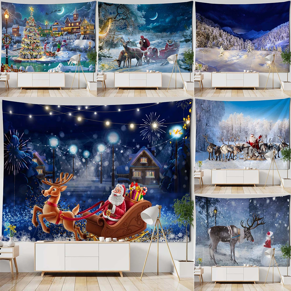 

Christmas Tapestry Wall Hanging Winter Night Snowflake Elk Santa Claus Print Room Wall Decor Backdrop Fabric Gift Home Decor