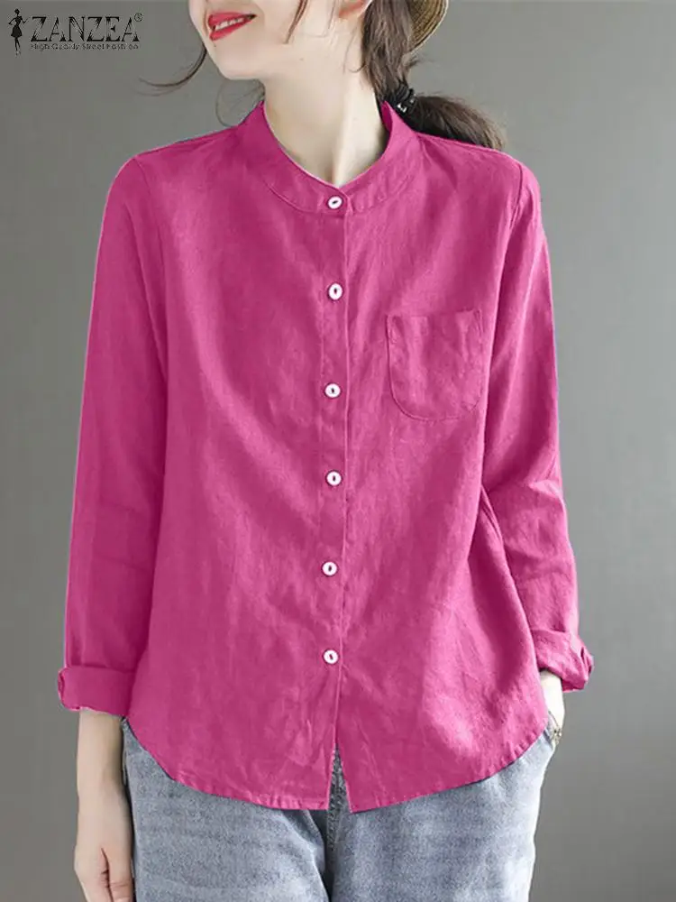 Модные однотонные топы с воротником-стойкой и длинным рукавом ZANZEA 2023, Женская хлопковая рубашка, элегантная офисная блузка на пуговицах, женские блузки 
Модные однотонные топы с воротником-стойкой и длинным рукавом ZANZEA 2023, Женская хлопковая рубашка, элегантная офисная блузка на пуговицах, женские блузки