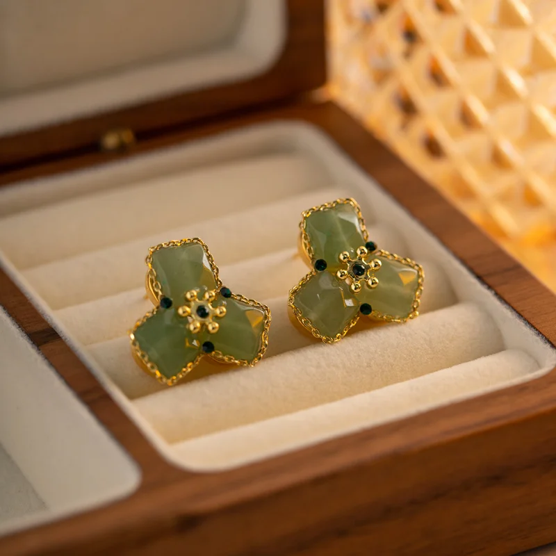 

ALLNEWME Dainty Green Color Resin Flower Petal Dangle Drop Earrings for Women 16K Gold Plated Brass Statement Earring Jewelry