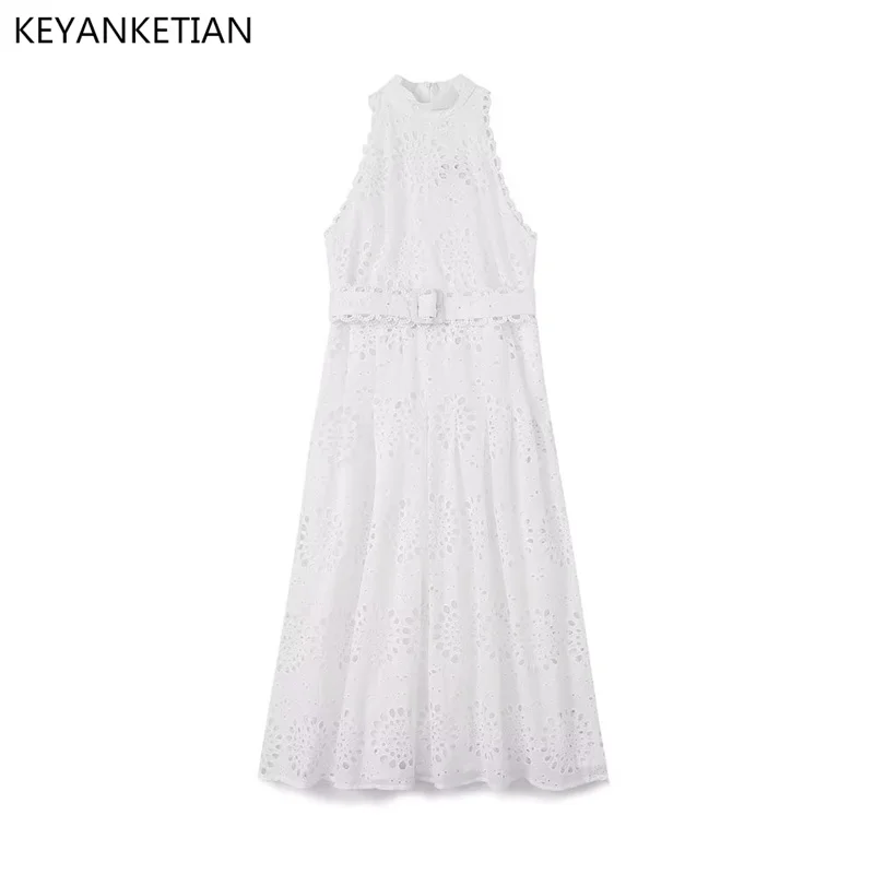 KEYANKETIAN Summer New Hollowed Out Embroidery Half High Neck Slim Sleeveless Dress Holiday With Belt White Ankle-Length Skirt
KEYANKETIAN Summer New Hollowed Out Embroidery Half High Neck Slim Sleeveless Dress Holiday With Belt White Ankle-Length Skirt