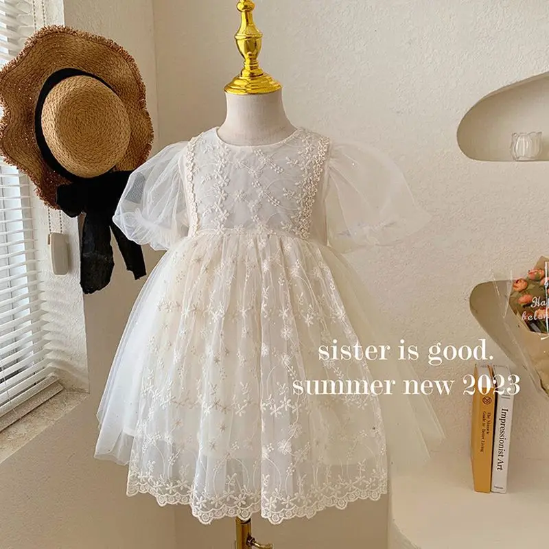 Korean Style Summer Princess Dress Round Collar Short Sleeves Solid Color Mesh Dresses Lace Children Embroidery Holiday Clothing
Korean Style Summer Princess Dress Round Collar Short Sleeves Solid Color Mesh Dresses Lace Children Embroidery Holiday Clothing
