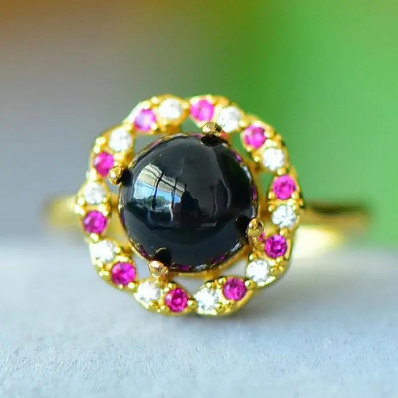 

Женское кольцо с черным нефритом И цветком с цирконом, кольцо из натурального китайского нефрита, золотые кольца