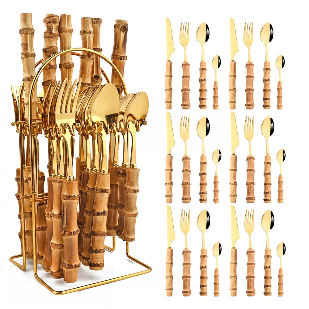 Drmfiy 24/32Pcs Bamboo Handle Gold Creative Stainless Steel Dinnerware Knife Fork Spoon Flatware Set High-End Cutlery Rack Set
Drmfiy 24/32Pcs Bamboo Handle Gold Creative Stainless Steel Dinnerware Knife Fork Spoon Flatware Set High-End Cutlery Rack Set