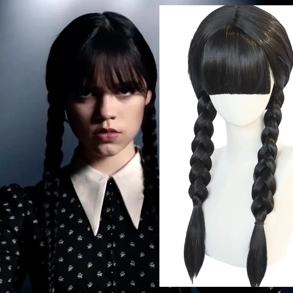 

Movie Wednesday Addams Cosplay Women Long Hair Wig With bangs high temperature resistant synthet Braided Wig Halloween Accessory