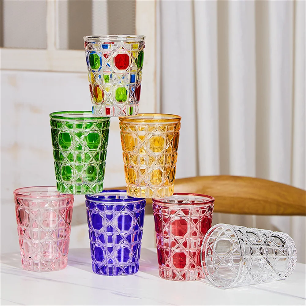 

Color Plaid Household Glass Water Bottle Domestic Glass Colorful Color Checkered Wine Cups Large Capacity Multiple Purposes