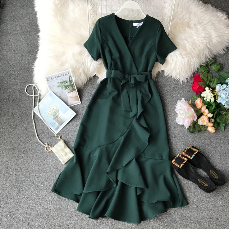 Summer Dress Women Clothing Thin Slim V-neck Short-sleeved Sexy Dress Women's Mid-length Dresses for Women Vintage Dress Zm3047
Summer Dress Women Clothing Thin Slim V-neck Short-sleeved Sexy Dress Women's Mid-length Dresses for Women Vintage Dress Zm3047