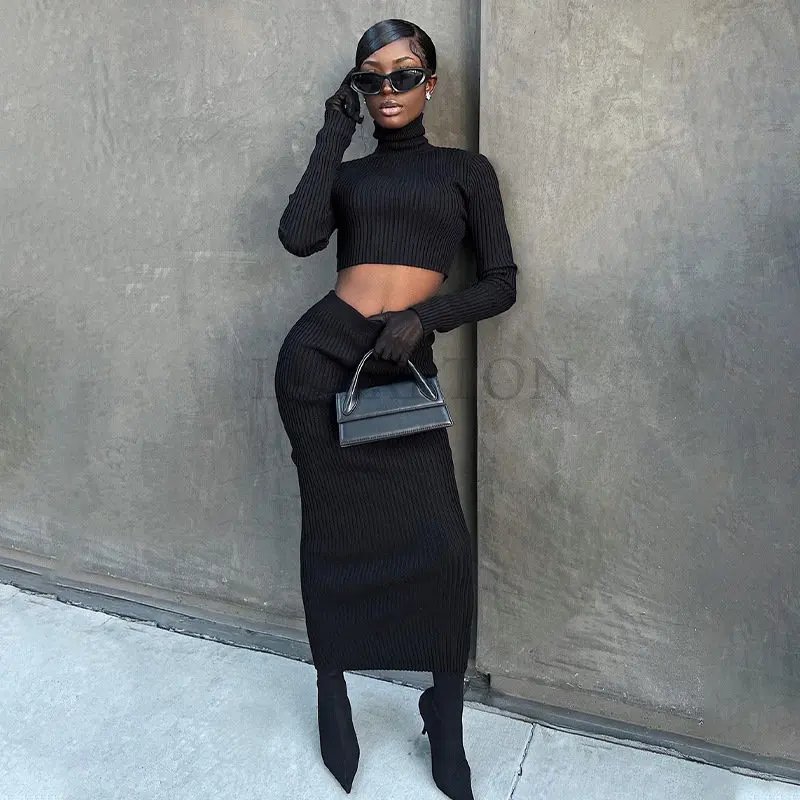 Simple Black 2 Two Piece Dress Suits for Women Turtleneck Long Sleeve Knit Sweater Tops and Stretchy High Waist Mid Calf Skirts
Simple Black 2 Two Piece Dress Suits for Women Turtleneck Long Sleeve Knit Sweater Tops and Stretchy High Waist Mid Calf Skirts