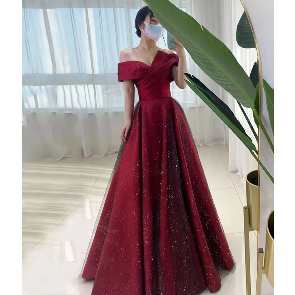 

Gorgeous Satin Bridesmaid Dresses Strapless Burgundy Off The Shoulder Shiny Sequin Elegant Female Formal A Line Long Party Gowns