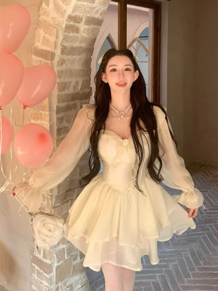 Elegant Long Lantern Sleeve Ruffles Mini Dress Women Bow Collar Solid Fairycore Y2K Kawaii Birthday Party One Piece Vestidos 
Elegant Long Lantern Sleeve Ruffles Mini Dress Women Bow Collar Solid Fairycore Y2K Kawaii Birthday Party One Piece Vestidos