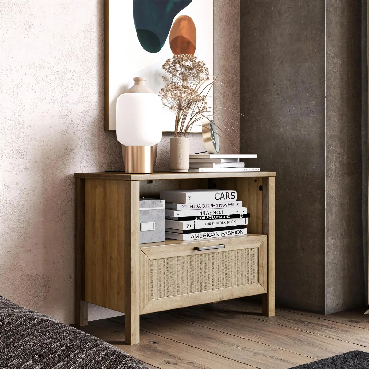 

Wimberly 1 Drawer Nightstand, Natural with Faux Rattan