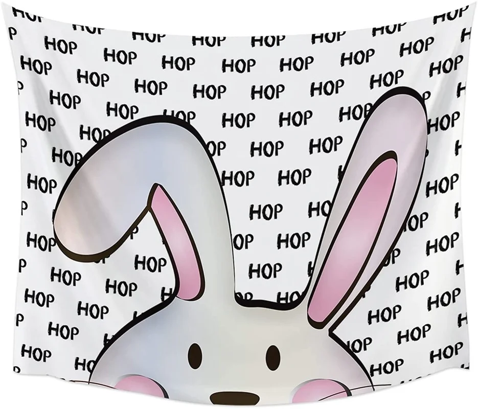 

Wall Hanging Tapestries Easter Spring Pink Bunny,Throw Tapestry Art Home Decor Cute Rabbit Hop Quote Tile White Back