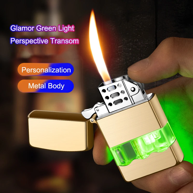 Green Light Perspective Gas Chamber Lighter Retro Grinding Wheel Ignition Jet Flame Cool Led Light Gift Free Shipping
Green Light Perspective Gas Chamber Lighter Retro Grinding Wheel Ignition Jet Flame Cool Led Light Gift Free Shipping