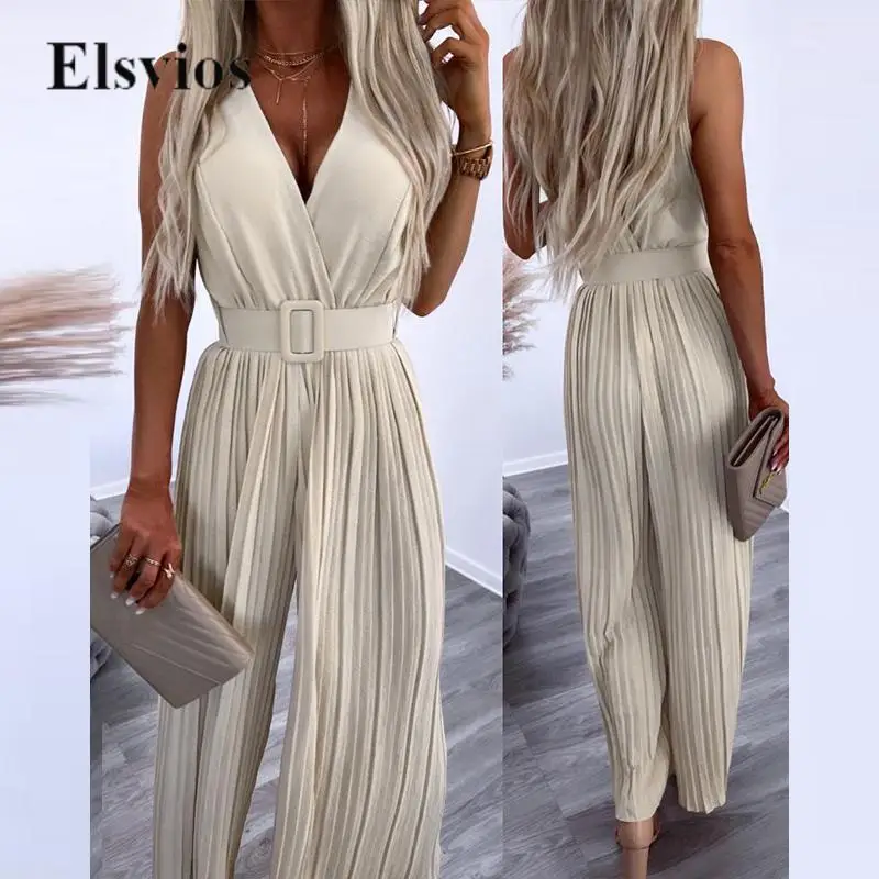 Elegant Office Lady Summer Pleated Jumpsuit Sexy V Neck Sleeveless Women's Romper Fashion Casual Belted Loose Overalls Playsuits
Elegant Office Lady Summer Pleated Jumpsuit Sexy V Neck Sleeveless Women's Romper Fashion Casual Belted Loose Overalls Playsuits