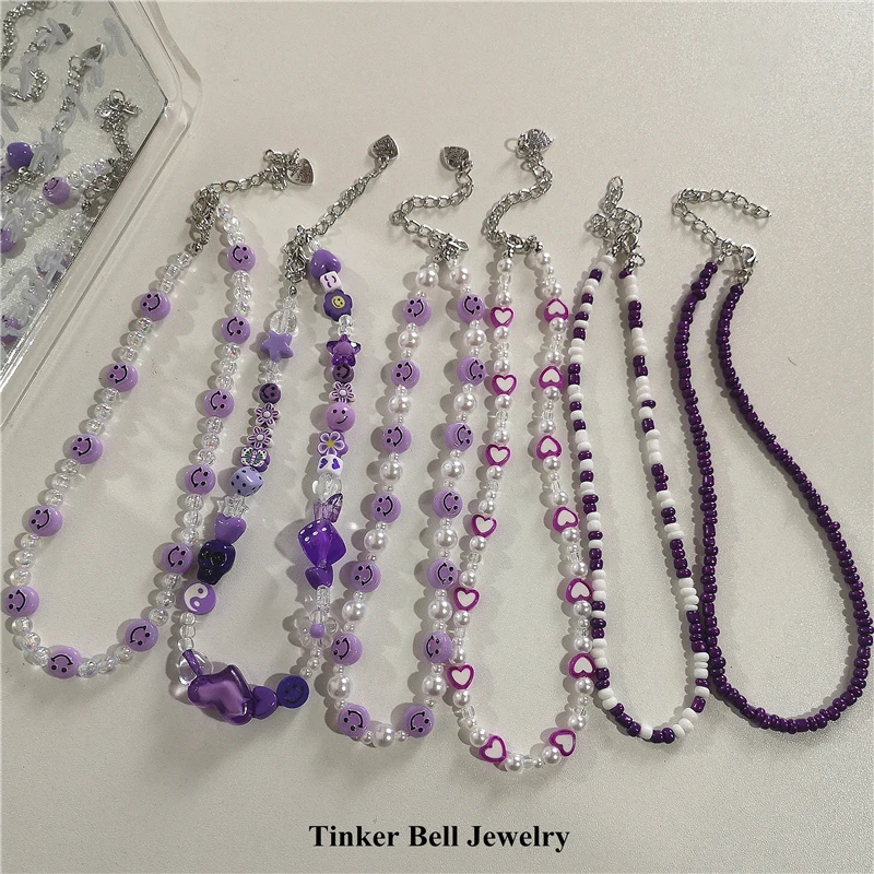 

Kpop Trendy Y2k Aesthetic Purple Acrylic Smiley Heart Pearl Beaded Choker Necklace For Women Egirl Goth Harajuku Vintage Jewelry