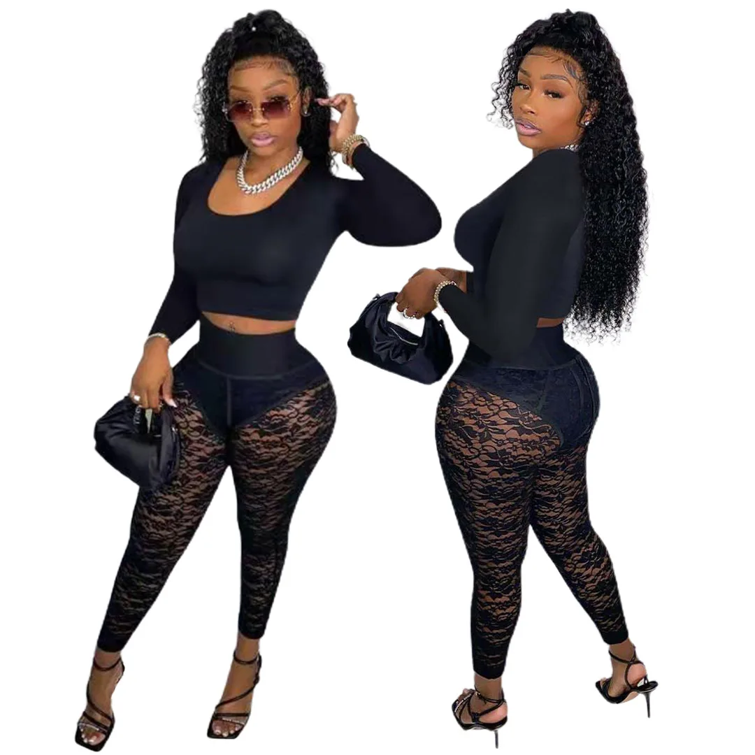 Sexy Lace Long Pants Sets Women 2 Pieces Club Outfits Long Sleeve O Neck Solid Crop Top and See Through Leggings Black Suits
Sexy Lace Long Pants Sets Women 2 Pieces Club Outfits Long Sleeve O Neck Solid Crop Top and See Through Leggings Black Suits