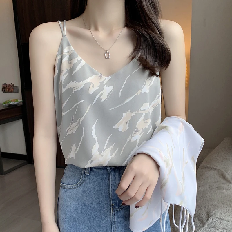 

Women Camisoles Summer Girl Sexy Sleeveless Camisole Vest Print Top All-match Base Tank Tops Female Chiffon V Neck Haut Femme