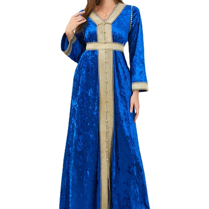 

Abayas For Women Dubai 2022 Velvet Button Tape Trim Belted Kaftan Split Hem Maxi Dress Turkey Arabic Oman Moroccan Caftan Robe