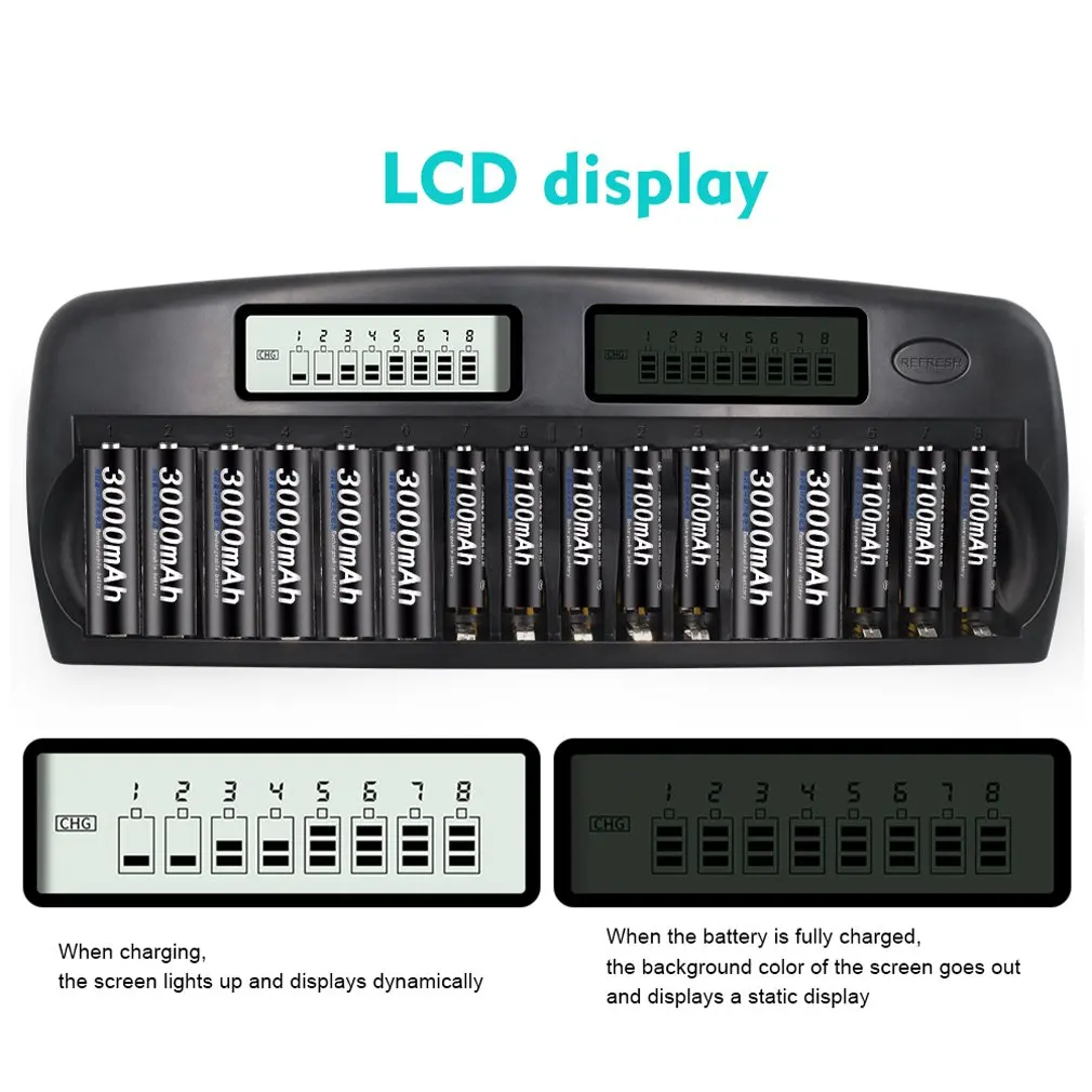 16 slots/12 slots LCD display Intelligent Battery Charger Fast charge Device for 1.2V AAA Ni-MH NiCd 2A 3A Rechargeable battery
16 slots/12 slots LCD display Intelligent Battery Charger Fast charge Device for 1.2V AAA Ni-MH NiCd 2A 3A Rechargeable battery
