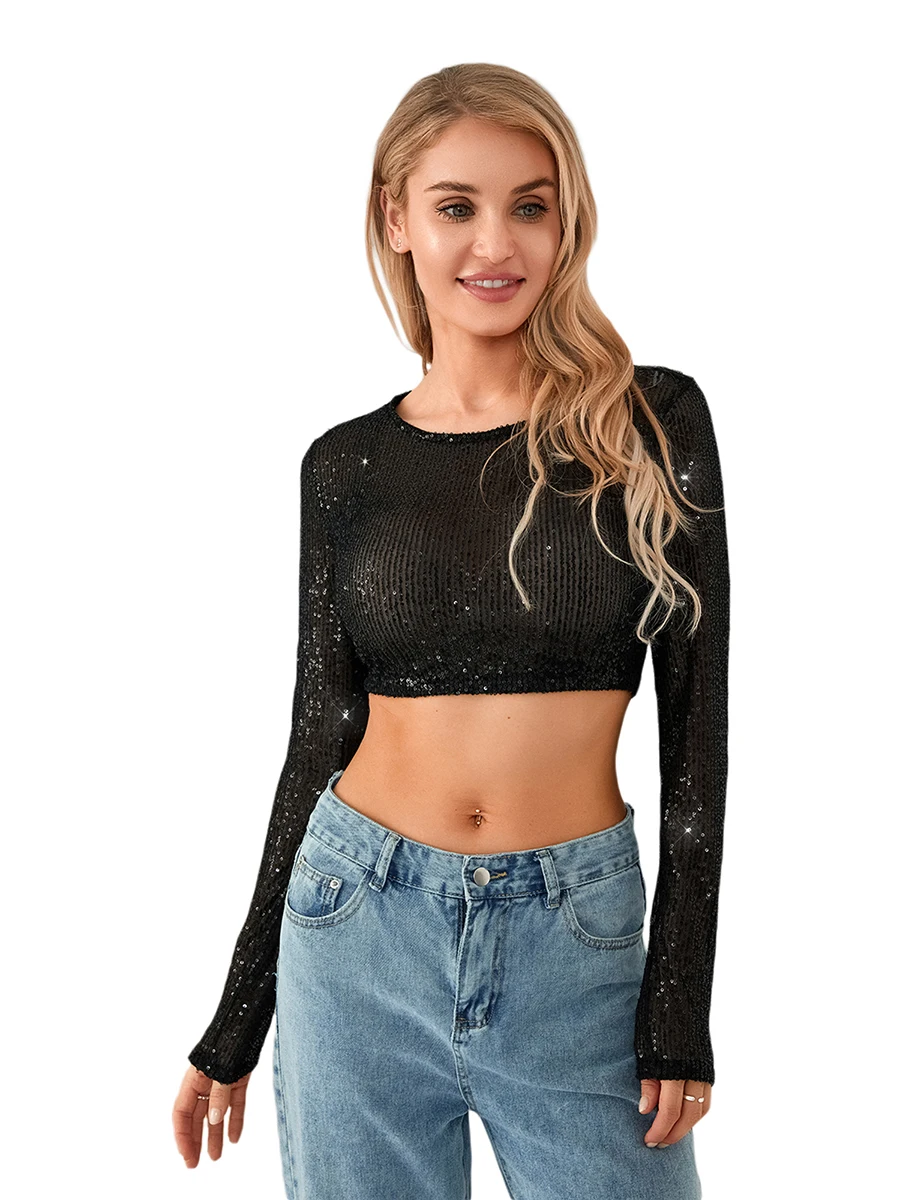 

Women s 2 Piece Outfit Glitter Long Sleeve Crop Bandeau Crop Top And Maxi Skirt Glitter Sequin Disco Party Clubwear