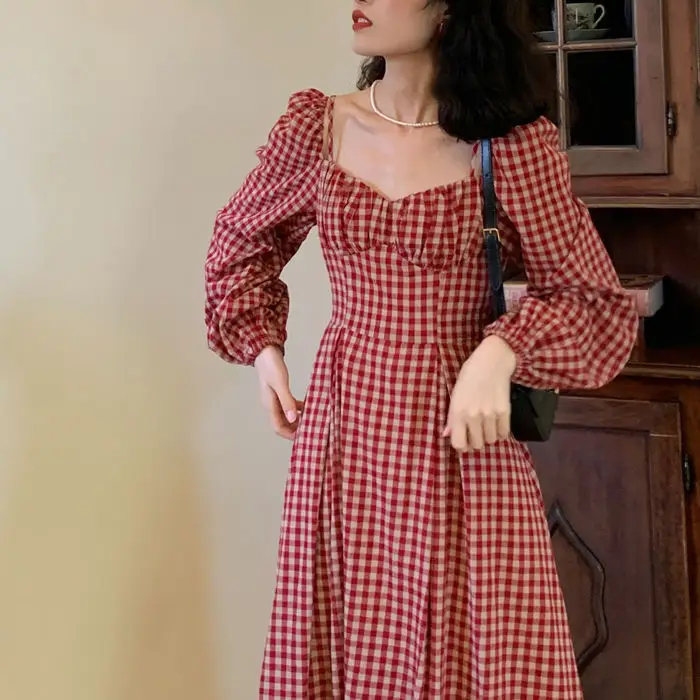 Spring Autumn New Fashion Women Square Neck Retro Plaid Dress Red Plaid Thin Long-sleeve Casual Korean Clothing Vestidos D670
Spring Autumn New Fashion Women Square Neck Retro Plaid Dress Red Plaid Thin Long-sleeve Casual Korean Clothing Vestidos D670