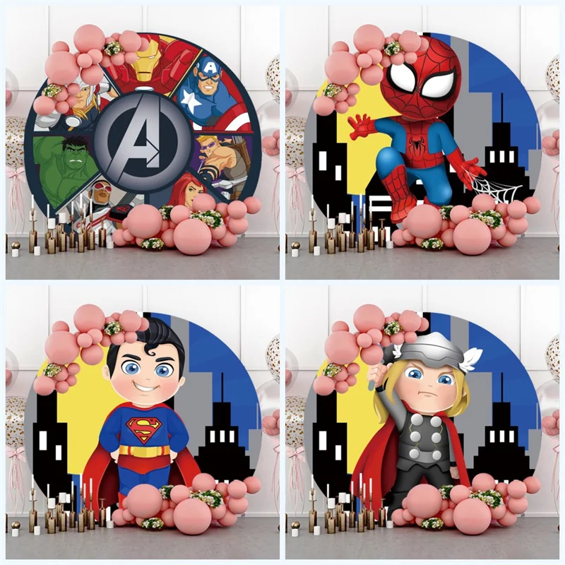

Personalized Round Shape Fabric Backdrops Disney Spiderman Ironman Theme Birthday Party Wall Decorations Background Photozone