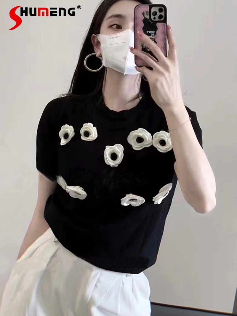 Short Sleeve Ice Silk T-shirt Summer New Loose T Shirt Flower Elegant Knitwear Women's All-matching Solid Color Top Pullover
Short Sleeve Ice Silk T-shirt Summer New Loose T Shirt Flower Elegant Knitwear Women's All-matching Solid Color Top Pullover