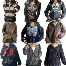 Y2K Aesthetics Grunge Retro Sweatshirts E-girl Gothic Mall Goth Zip Up Hoodies Vintage Graphic Patch Coat Autumn Streetwear