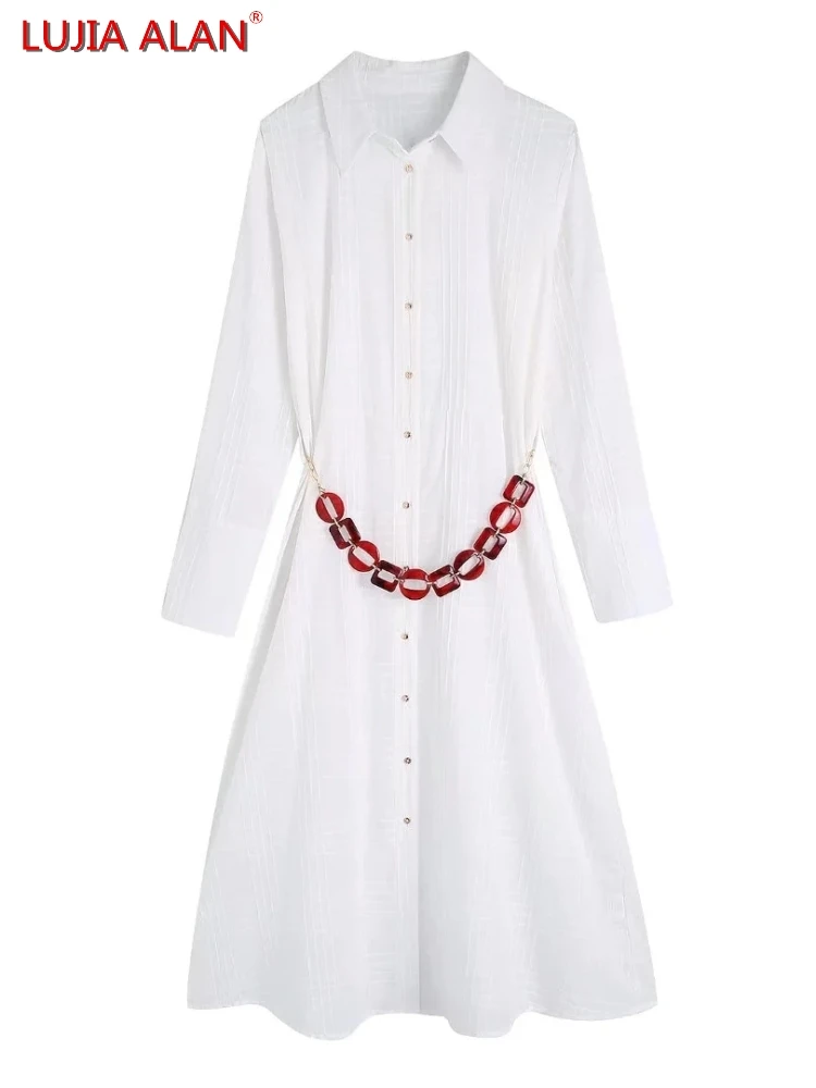 Women Chain Belt Plaid Jacquard White Dress Summer Female Long Sleeve Loose Midi Vestidos LUJIA ALAN D9670
Women Chain Belt Plaid Jacquard White Dress Summer Female Long Sleeve Loose Midi Vestidos LUJIA ALAN D9670